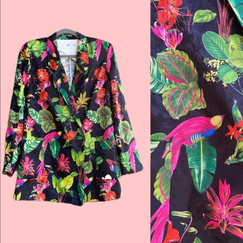 SOLD ๐ MANGO Tropical Parrot Butterfly Floral Oversized Satin Blazer XS - Picture 1 of 15
